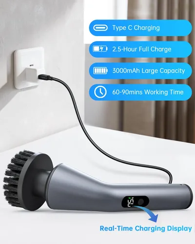 Vista 7 de VICNOVA Limpiador eléctrico giratorio, IPX7 impermeable de 2 velocidades, cepillo de limpieza inalámbrico extensible de mango largo con 7 cabezales