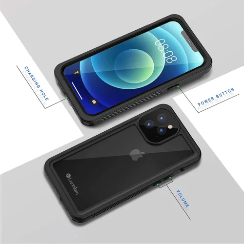 Vista 6 de Lanhiem Funda para iPhone 12 Pro Max, funda impermeable IP68, a prueba de polvo, a prueba de golpes, con protector de pantalla integrado, cubierta