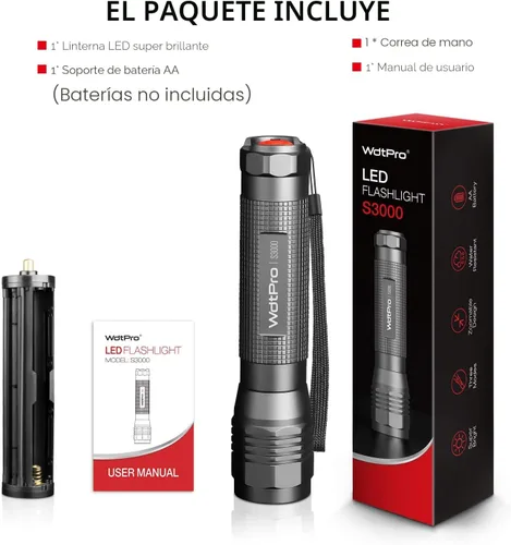 Vista 7 de WdtPro - Linterna LED de alta potencia S3000, linternas súper brillantes - Alto número de lúmenes, resistente al agua IP67, 3 modos y con zoom