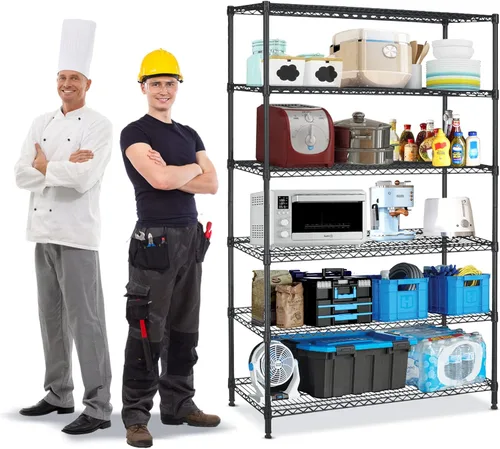 Vista 10 de Estantes de almacenamiento resistentes de 6 niveles, estantes ajustables NSF para garaje con ruedas y pies ajustables, estantes independientes