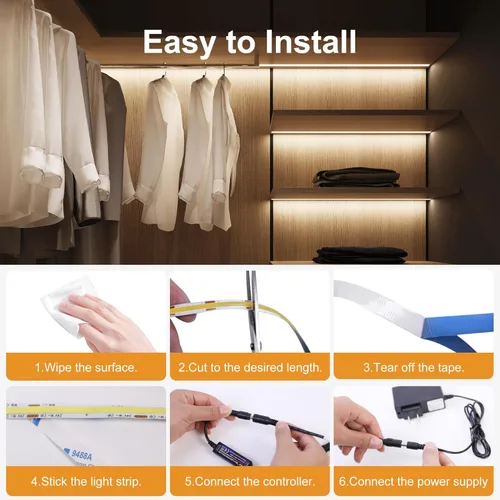 Vista 7 de Tira de luces LED COB, 16.4 pies, intensidad regulable, color blanco (2700K-6500K), luces LED para dormitorio con control remoto RF, 24V, 2800 LED