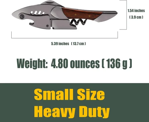 Vista 4 de Sacacorchos para camareros, abrebotellas de vino, acero inoxidable resistente, mango de palisandro, llave de vino en forma de tiburón, regalo