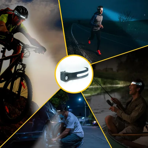 Vista 4 de Linterna frontal recargable, lámpara de cabeza de haz ancho de 230°, sensor de movimiento LED recargable, faros delanteros de 5 modos para adultos