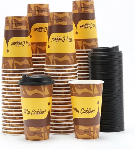 Vista 10 de Tamone Paquete de 100 tazas de café desechables de 12 onzas con tapas, tazas de café de papel con tapas, vasos de papel para beber frío/caliente