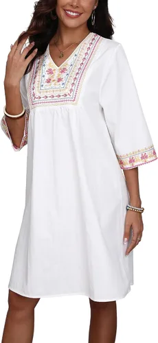 Vista 4 de Higustar Mini vestidos de verano de algodón blanco para mujer, estilo mexicano, estilo bohemio, vestido tipo babydoll para mujer