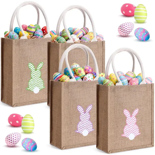 Vista 16 de 4 unidades de cesta de conejo de Pascua para niños, bolsas de tela de algodón, vacías personalizadas, cesta de huevos de caramelo, cubos