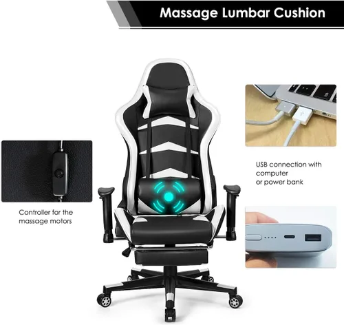 Vista 25 de GOFLAME Silla de juegos de estilo de carreras, silla ergonómica giratoria para computadora con reposacabezas y soporte lumbar, silla de masaje