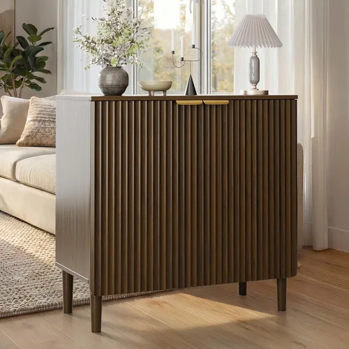 Vista 11 de Armario de almacenamiento de buffet - Armarios de madera con estantes ajustables, puertas acanaladas, mesa consola anti-punta para cocina, comedor