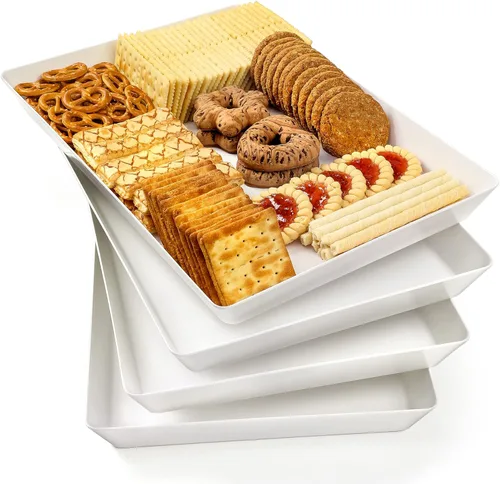 Vista 11 de 3 paquetes, 40 x 28 centímetros Bandejas grandes blancas reutilizables de plástico para servir galletas, aperitivos, charcutería, bocadillos