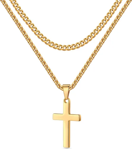 Collar de cruz para hombre, acero inoxidable, plata, negro, oro, cadena en capas, collar con dije de cruz para hombres, cadena de eslabones cubanos