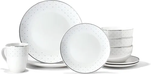 Adrienne - Juego de vajilla redonda – Juego de vajilla de porcelana de 16 piezas con 4 platos llanos, 4 platos de ensalada, 4 cuencos y 4 tazas –