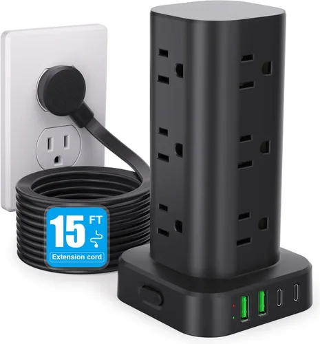 Vista 16 de Regleta de alimentación de torre con múltiples salidas, protector de sobretensiones de enchufe plano, cable de extensión de torre con 12 tomas