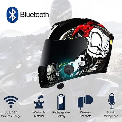 Vista 2 de Casco de motocicleta Bluetooth de cara completa, aprobado por DOT, abatible, antivaho, doble visera, altavoz dual integrado con micrófono