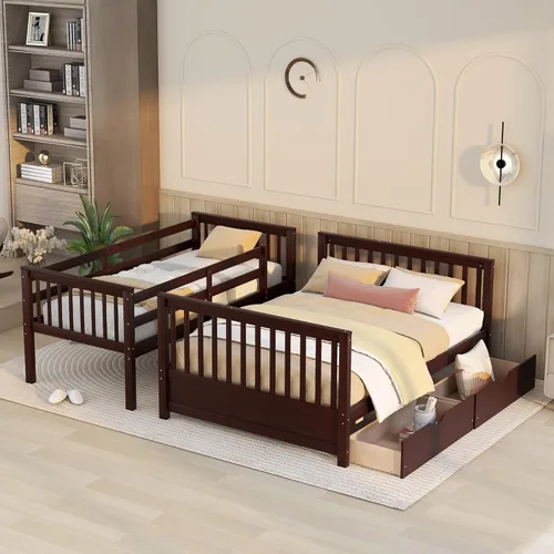 Vista 34 de Harper & Bright Designs Litera de tamaño matrimonial sobre matrimonial con 3 cajones, litera de madera maciza con almacenamiento y riel de Gris