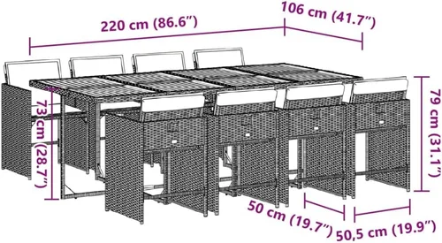 Vista 9 de 9 Piece Patio Dining Set Outdoor Furniture PE Rattan & Acacia Wood Black Rectangular Modern Design for Garden, Terrace, and Balcony