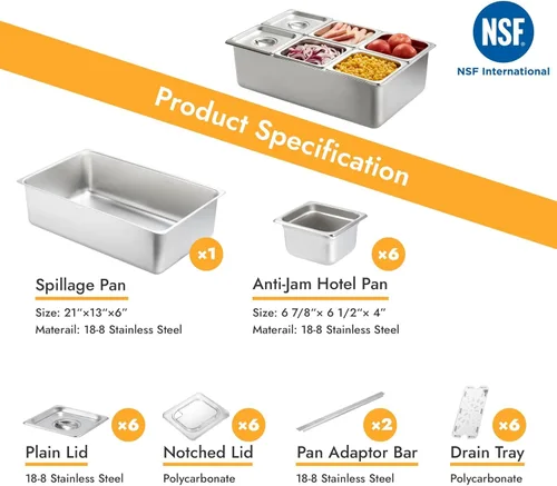 Vista 2 de CURTA Recipiente para servir condimentos refrigerados con hielo (6 bandejas), certificado NSF, 2 tipos de tapas, bandeja de drenaje, juego