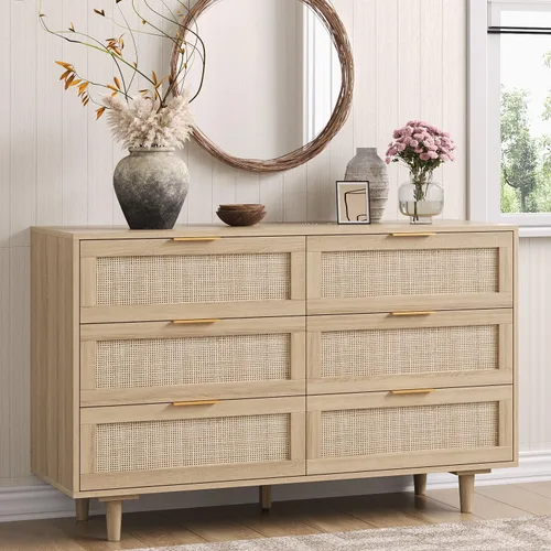 Vista 10 de Cómoda de ratán de 51 pulgadas para dormitorio, cómoda de 6 cajones, cómoda bohemia y de granja, armario de almacenamiento de ropa, mango de metal