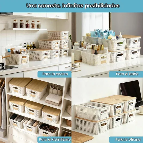 Vista 6 de Contenedores pequeños de plástico con tapas de bambú de 5.2 cuartos de galón, cesta apilable para despensa, contenedores decorativos lindos
