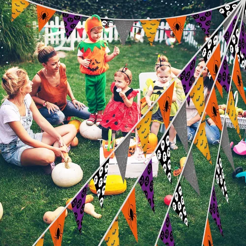 Vista 7 de Lucleag Pancartas de Halloween de 32.8 pies, bandera triangular, banderines de tela de Halloween para decoración de fiesta de Halloween