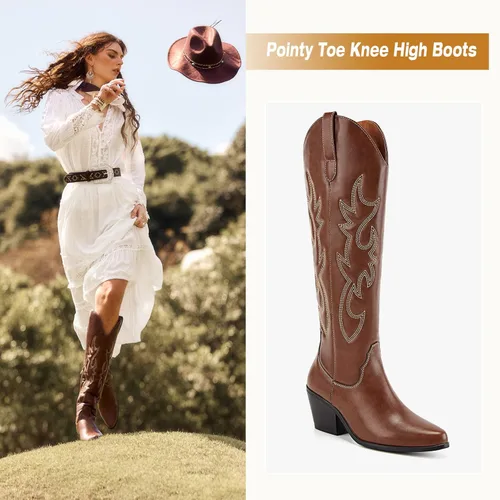 Vista 2 de TINSTREE Botas vaqueras bordadas para mujer, botas vaqueras occidentales, botas altas hasta la rodilla