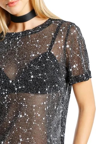 Vista 4 de WDIRARA Blusa de malla para mujer con purpurina transparente y de manga corta