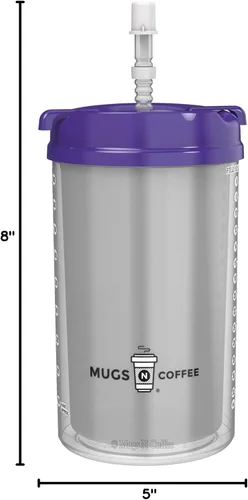 Vista 4 de Taza de hospital de doble pared de 32 onzas con pajilla, tapa y asa moradas Mugs N Coffee