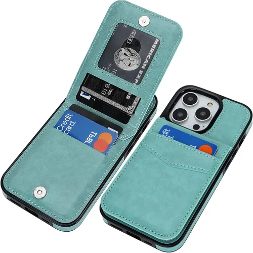 Vista 24 de KIHUWEY Funda compatible con iPhone 14 Pro con soporte para tarjeta de crédito, cierre magnético de cuero de alta calidad, función atril, funda Negro