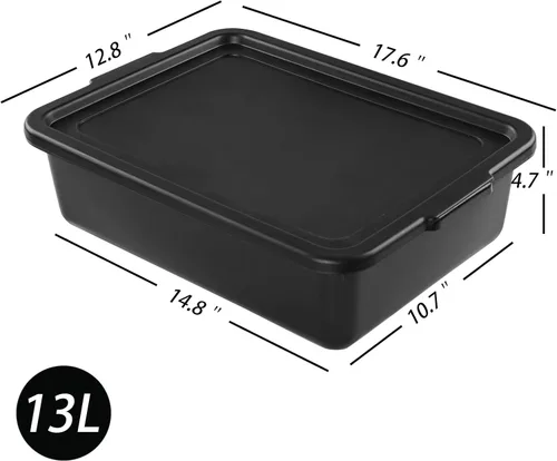 Vista 2 de Tina de autobús de plástico negro de 13 L con tapa, paquete de 3 bandejas de autobús