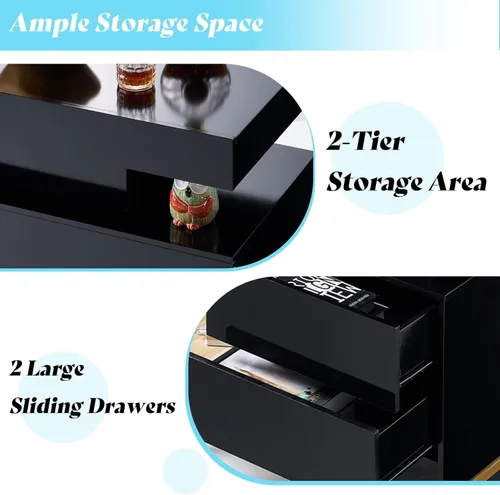 Vista 5 de AMERLIFE Juego de mesa de sala de estar de 3 piezas de alto brillo, modernos juegos de mesa de centro LED de 3, mesa central de 2 niveles con 2 Negro