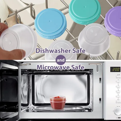 Vista 14 de Recipiente para aderezo de ensalada para llevar con tapas, apto para lavavajillas y microondas, recipientes pequeños para condimentos con líneas