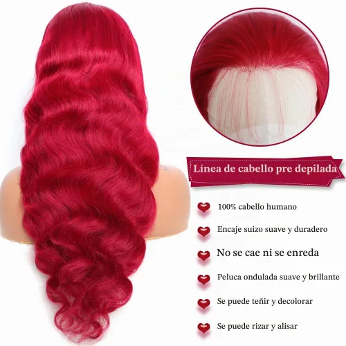 Vista 4 de 99J - Pelucas de encaje frontal de color burdeos con cabello humano 200 de densidad, peluca de encaje HD sin pegamento 13X4, pelucas de encaje 99J
