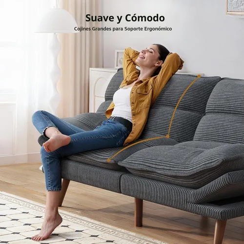 Vista 5 de Pipishell Sofá cama futón, futón convertible con respaldo ajustable y reposabrazos, sofá cama de pana para espacios pequeños, sala de estar, Gris