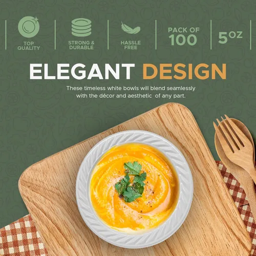 Vista 2 de Cuencos de plástico desechables blancos [Paquete de 100 5 onzas] – aptos para microondas, cuencos resistentes para sopa/ensalada/postre/helado