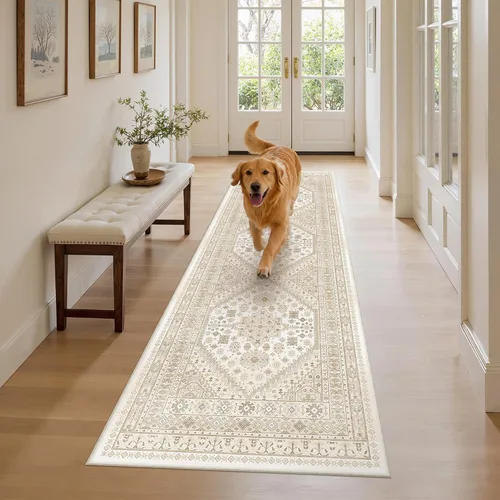 Vista 104 de zesthome Alfombras de área de 5 x 7, lavables a máquina, para sala de estar, dormitorio, resistentes a las manchas, vintage, de gran área, Beige