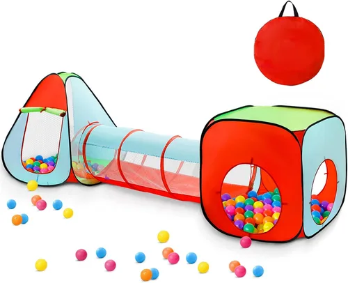 Tienda de campaña de juego de 3 piezas para niños pequeños con piscina de pelotas + túnel de gateo + tienda de castillo, casa de juegos emergente