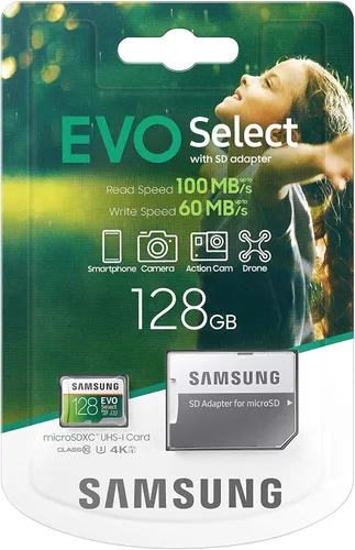 Vista 8 de Samsung: EVO Select 128GB MicroSDXC UHS-I U3 100MB/s Full HD & 4K UHD Tarjeta de memoria con adaptador (MB-ME128HA)