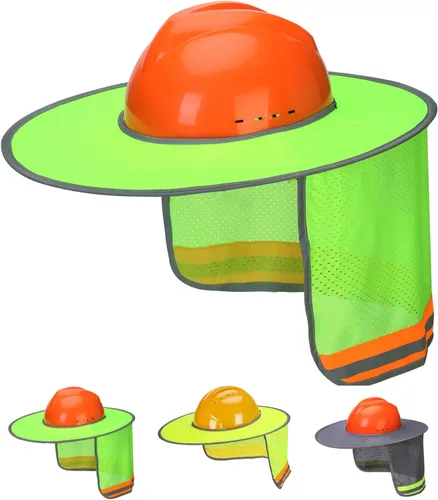 Vista 18 de UNCO - Casco de Sombrero Duro con Protector Solar, 1 Paquete, Amarillo, Visera Completa y Estándar de Malla Reflectante de Alta Visibilidad