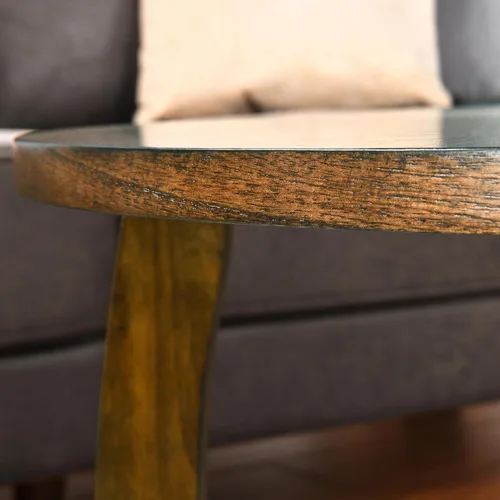 Vista 7 de PADMA HOUSE Mesa de centro redonda de madera con patas curvas, mesa de cóctel de granja para sala de estar, mesa central de madera de círculo