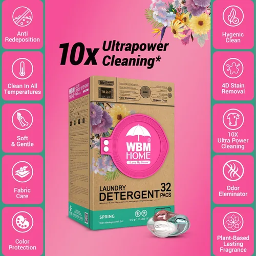 Vista 8 de WBM Cápsulas de detergente para ropa para el hogar, aroma de fragancia primaveral, 32 unidades, cápsulas de lavandería concentradas HE con 10 veces