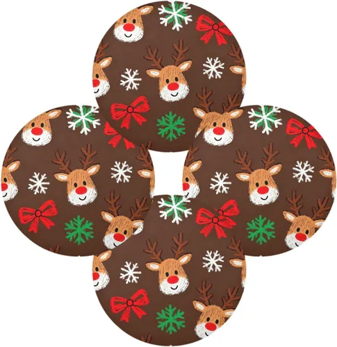 Vista 2 de Manteles individuales de Navidad con lazo y ciervos marrones para mesa de comedor, tejido redondo, reutilizables, para bebé, juego de 4 manteles
