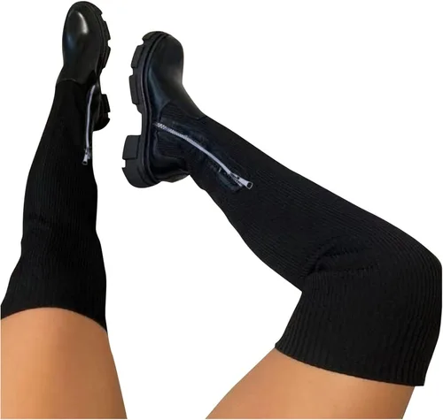 Vista 3 de Botas altas hasta el muslo de plataforma para mujer, botas altas elásticas por encima de la rodilla, botas altas de cuero de punto con punta redonda