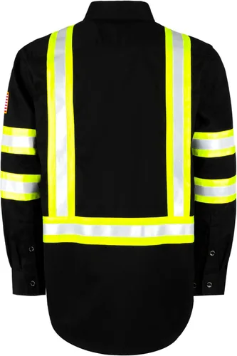 Vista 3 de BOCOMAL Camisas FR de alta visibilidad con botones de 7.5 onzas ANSI/ISEA tipo O Class1 resistente al fuego Hi Vis Refective Safety Jacket Negro