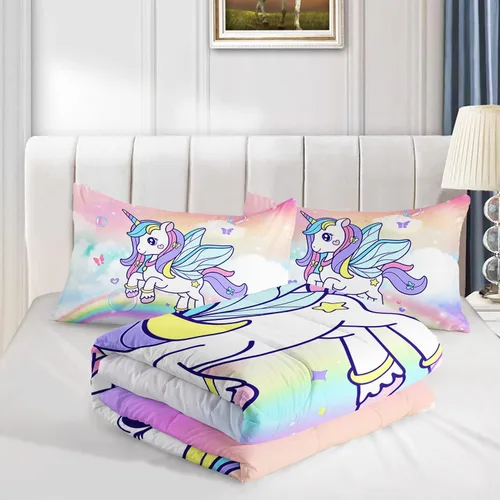 Vista 6 de Juego de edredón de unicornio para niñas, juego de ropa de cama de mariposa, juego de edredón de arco iris, tamaño individual con 1 edredón y 2