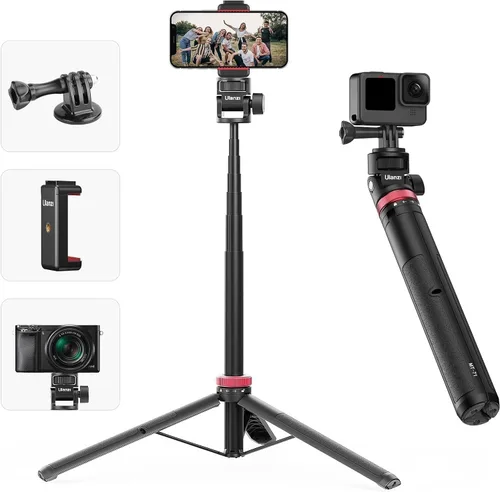 ULANZI MT-71 - Palo selfie extensible de 57.48 pulgadas, trípode de teléfono para Go P-r-o con poste de extensión de abrazadera para teléfono