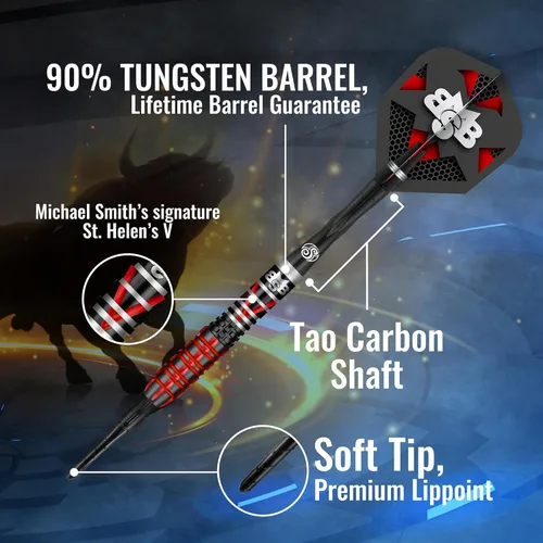 Vista 5 de Shot! Michael Smith Tenacious (0.71 oz/0.79 onzas), barril de tungsteno 90%, peso frontal, juego de dardos profesionales hechos a mano y vuelos