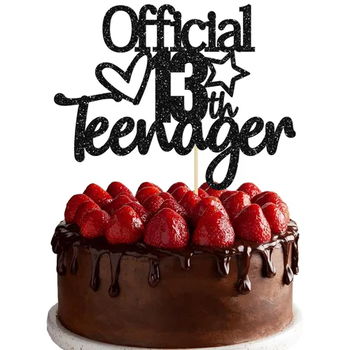 Gyufise Decoración Negra con Purpurina Oficial para Tarta de 13 Cumpleaños para Adolescentes, Decoración de Pastel de 13 Cumpleaños para Suministros