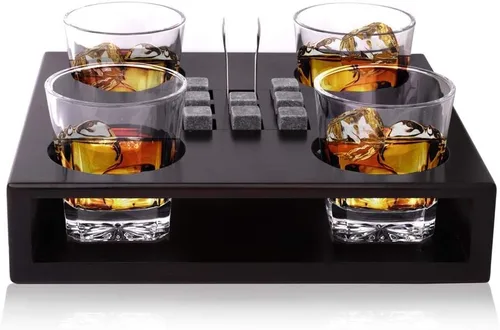 Bezrat Juego de vasos de whisky a la antigua, + 8 piedras de whisky y accesorios en bandeja de madera, 4 vasos de bourbon escocés, rocas