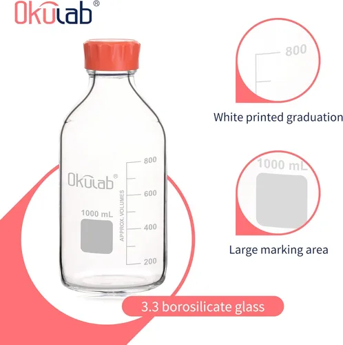 Vista 4 de Botellas redondas de almacenamiento de medios de 33.8 fl oz (34 onzas), vidrio de borosilicato 3.3, con tapones de rosca GL45 en material PP