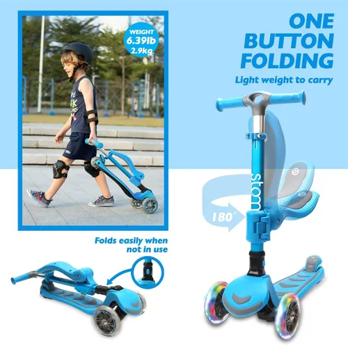 Vista 6 de Stompa Scooter for Kids 2-in-1 Light Up 3 Wheel Scooters with 4 Levels Adjustable Handlebar, Foldable Seat, Widen No-Slip Deck for Girls & Boys Ages