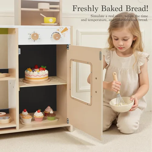 Vista 6 de Frogprin 24 Piezas Juego de Simulación Cafetería, Set de Tienda de Comestibles para Niños, Ventana Drive-Thru de Madera, Cafetera, Horno, Caja